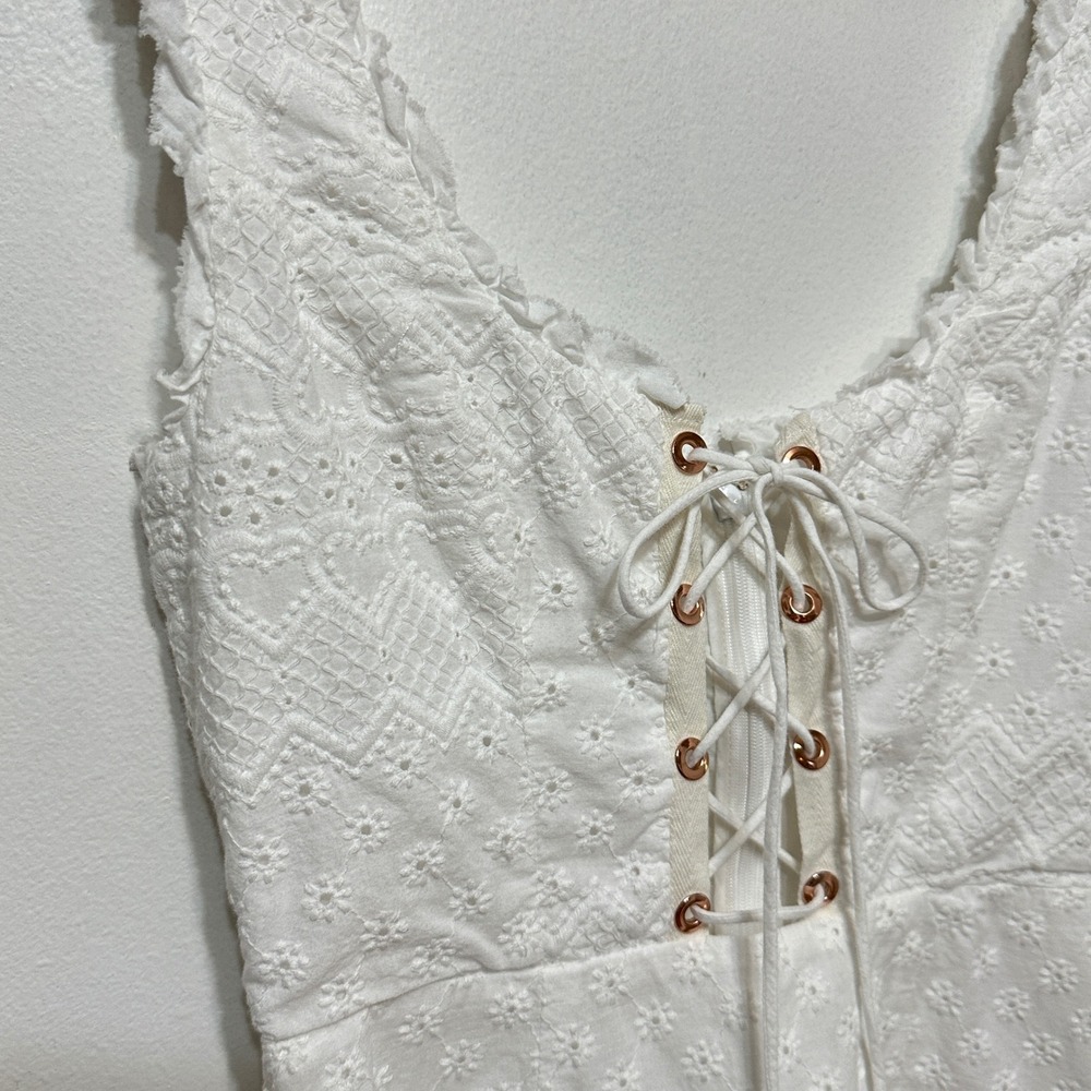 For Love & Lemons Charlotte Eyelet Lace Up Mini‎ Dress Womens XS White Milkmaid - Picture 8 of 13